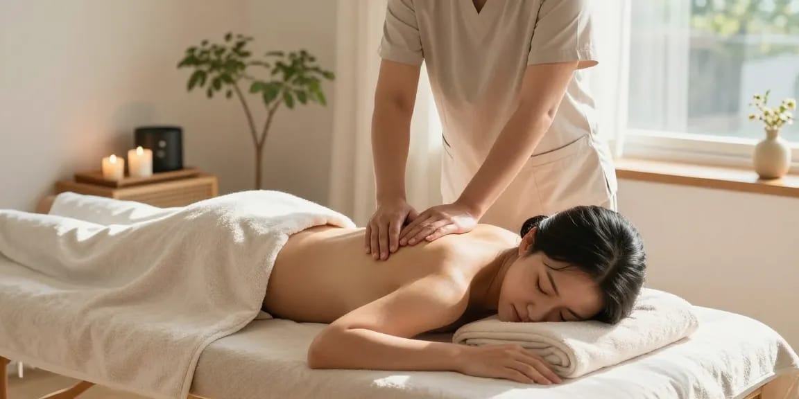 인천출장안마 수업이 편안한 공간에서 제공되는 마사지 세션으로 아로마 캔들과 타올이 놓여져 있습니다.