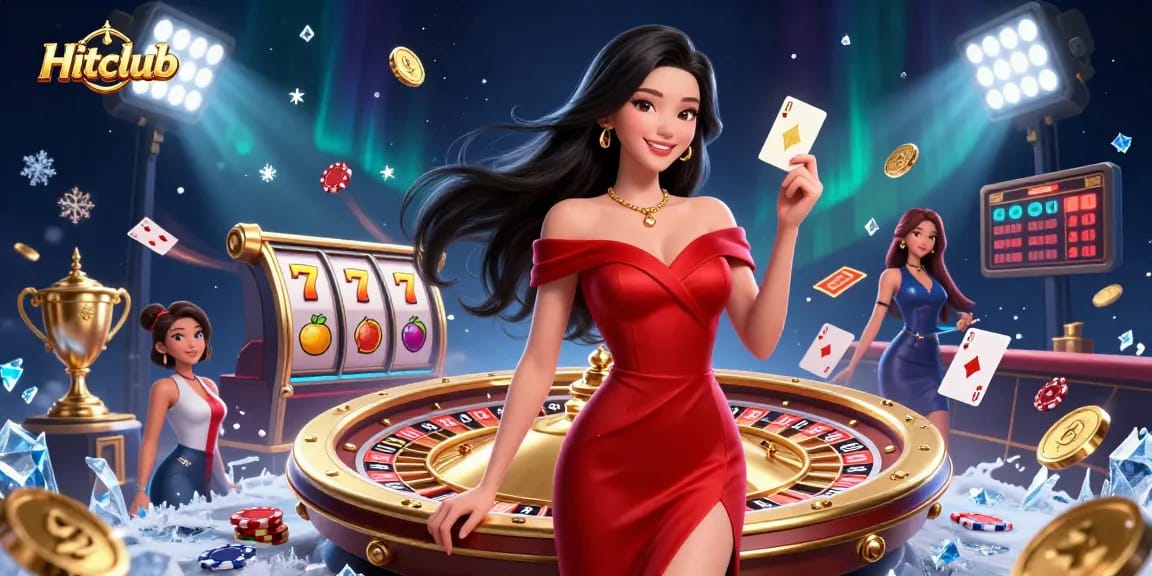 Hitclub offers thrilling gaming adventure featuring a beautiful woman with casino elements in action.