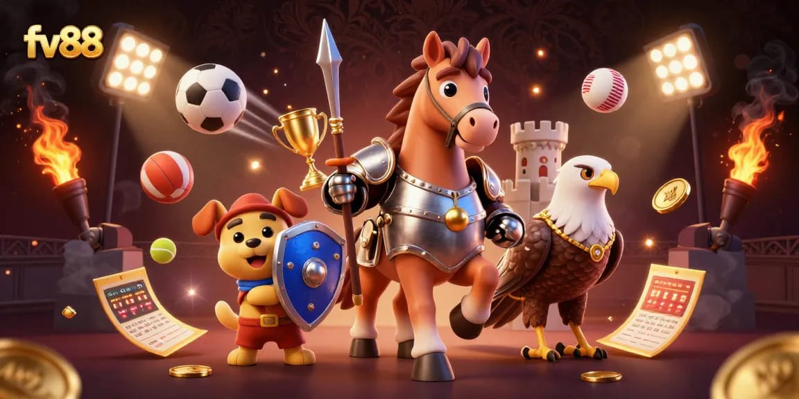 Experience thrilling moments at fv88 with a dynamic scene of a knight, puppy squire, and golden falcon in a vibrant casino.