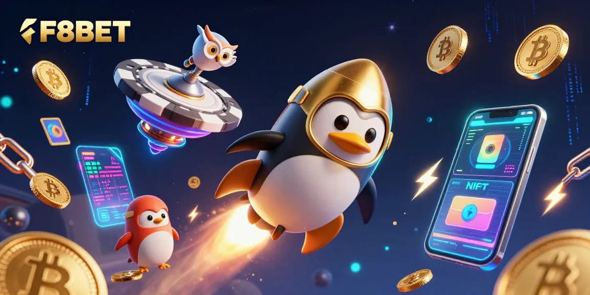 Experience F8BET's thrilling casino adventure with a vibrant 3D scene featuring a golden penguin and crypto elements.