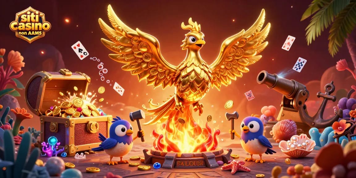 Scopri i siti casino non AAMS con il fiammeggiante fenice dorato che solidifica monete d'oro.