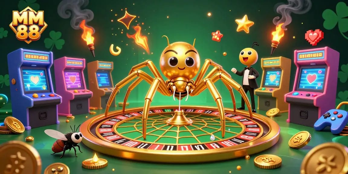 Place bets with MM 88 at a vibrant and dynamic online casino scene featuring engaging characters and colorful elements.