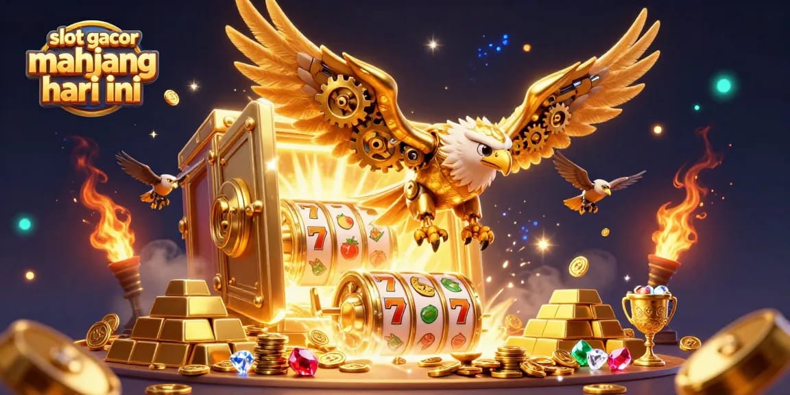 Experience slot gacor mahjong hari ini with a dynamic 3D casino illustration featuring a golden eagle amidst treasure.