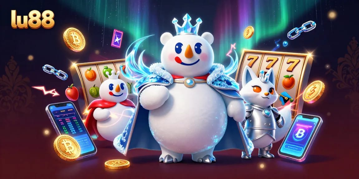 Experience the thrill of lu88 with a colorful 3D illustration of slot games, cryptocurrency, and adventure.