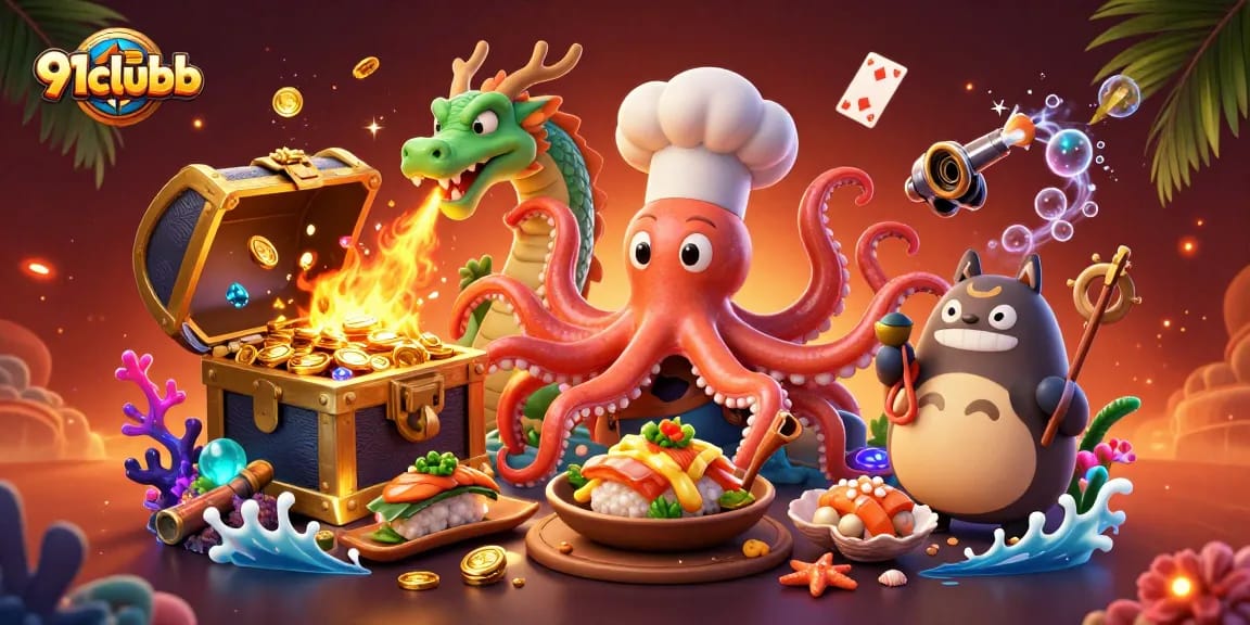 Engage with 91clubb in a vibrant casino-themed scene featuring unique characters and dynamic gaming elements.