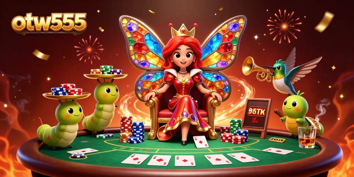 Experience otw555's vibrant poker scene featuring a dazzling butterfly queen and dynamic action.
