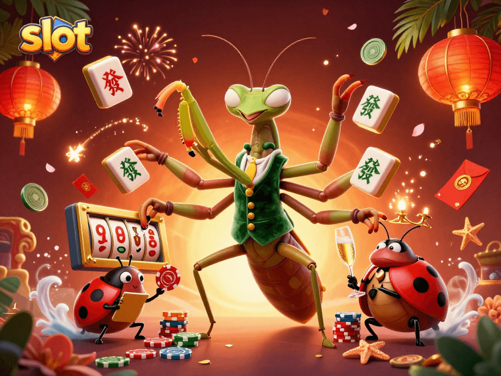 Catch winning slot symbols as a giant praying mantis deals cards in a vibrant casino scene.