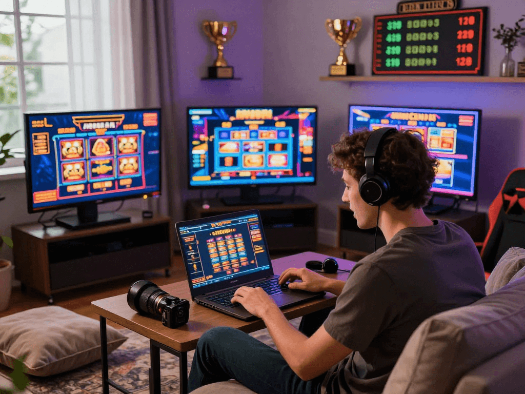 Engaging online gaming experience at https://raja328apk.com/, showcasing vibrant slot machines and a player in a cozy setting.