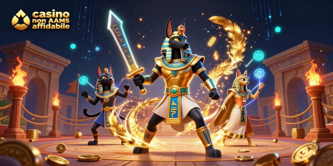 Casino non AAMS affidabile con guerriero Anubis e gatti sacri in un'avventura di gioco d'azzardo