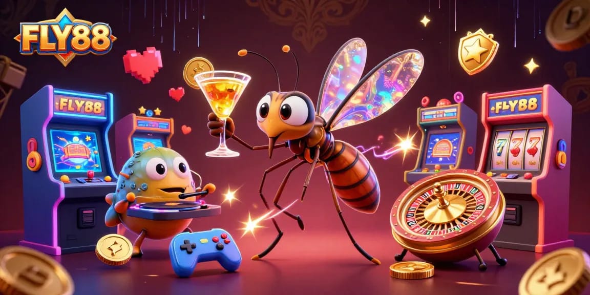 FLY88 captivates with a vibrant and dynamic casino scene featuring colorful game elements and engaging characters.