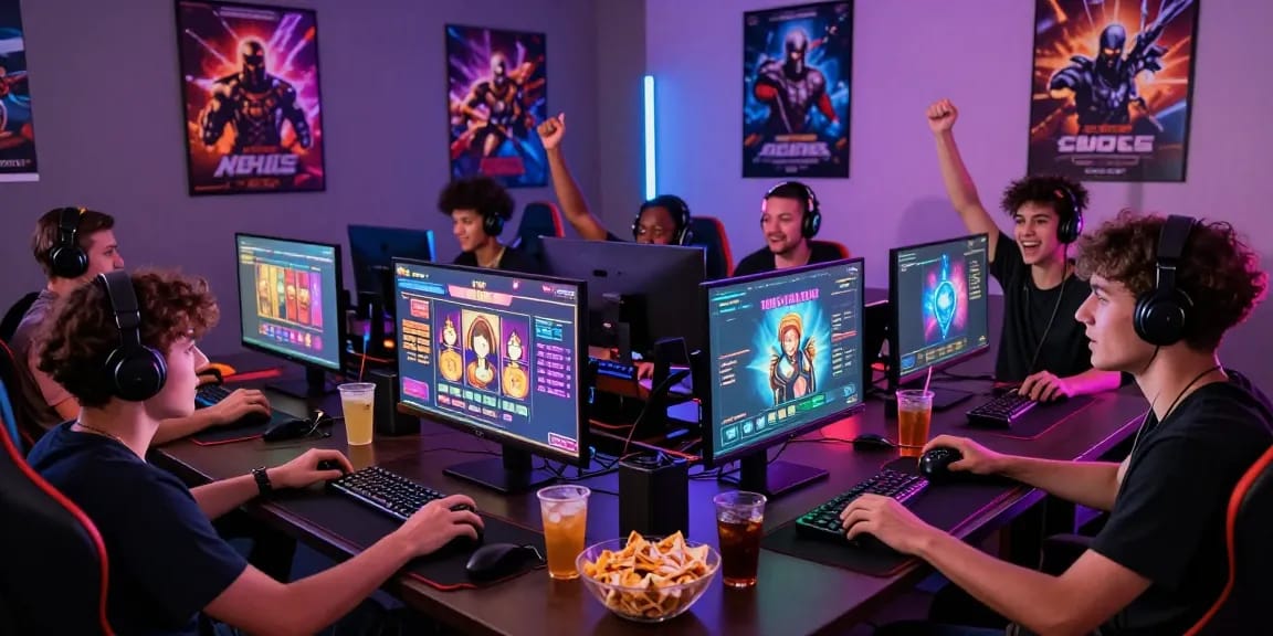 Group of friends celebrating while playing slot88 in a vibrant gaming room