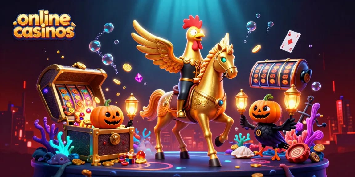 Engage in online casinos action with a golden rooster and its haunted companions in a lively midnight casino.