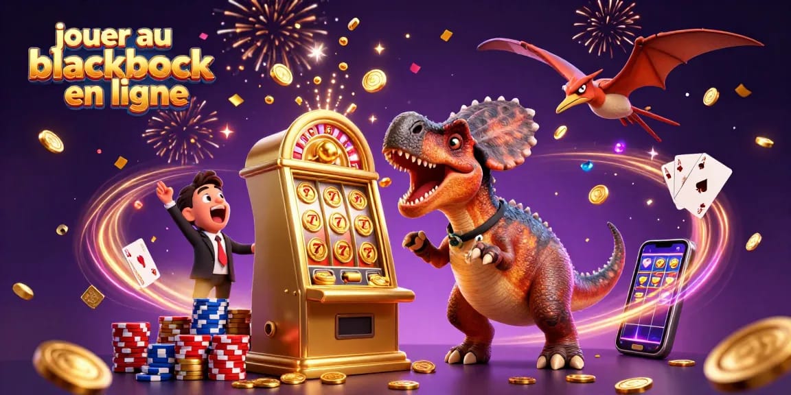 Jouer au blackjack en ligne dans une illustration 3D colorée et dynamique avec des pièces d'or et des cartes à jouer.