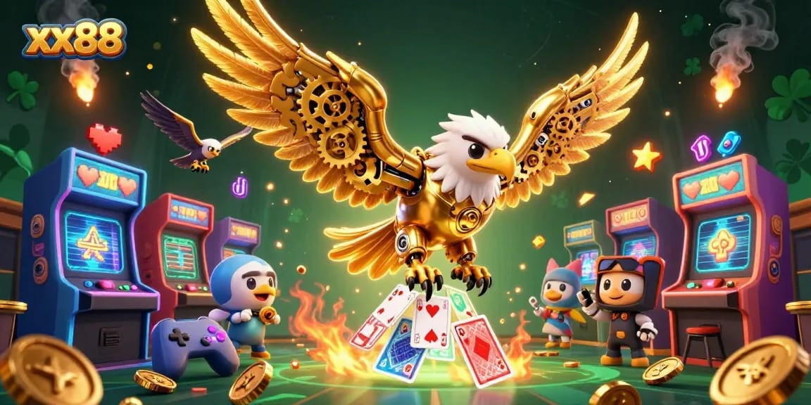 Experience exhilarating gameplay at xx88 with the cybernetic eagle thriving amidst vibrant casino action.