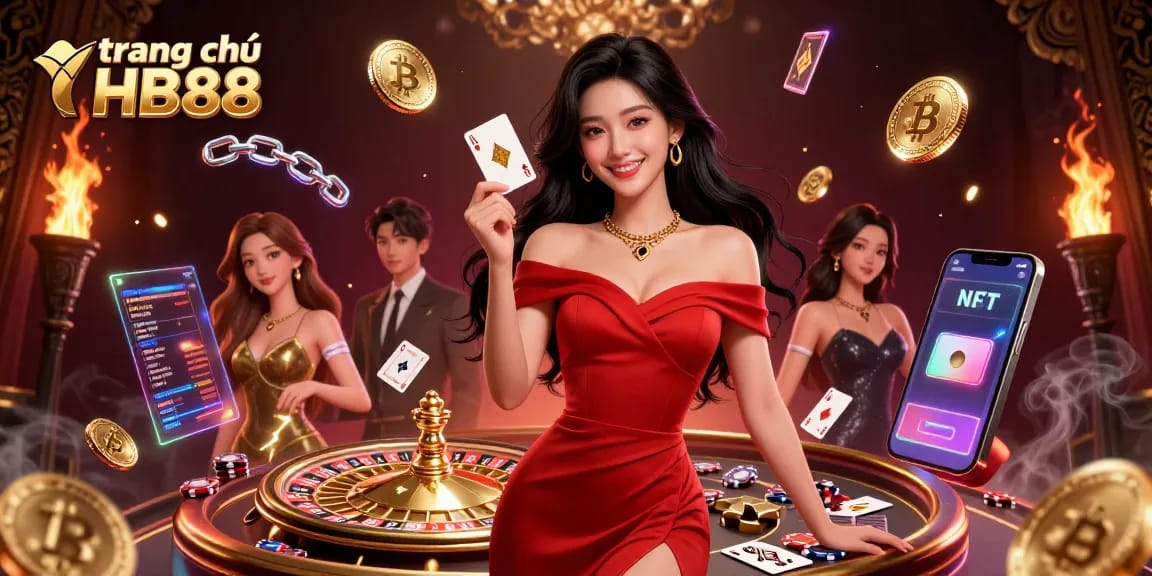 Experience thrilling games at trang chủ HB88 while enjoying a vibrant 3D casino scene with poker elements and glowing coins.