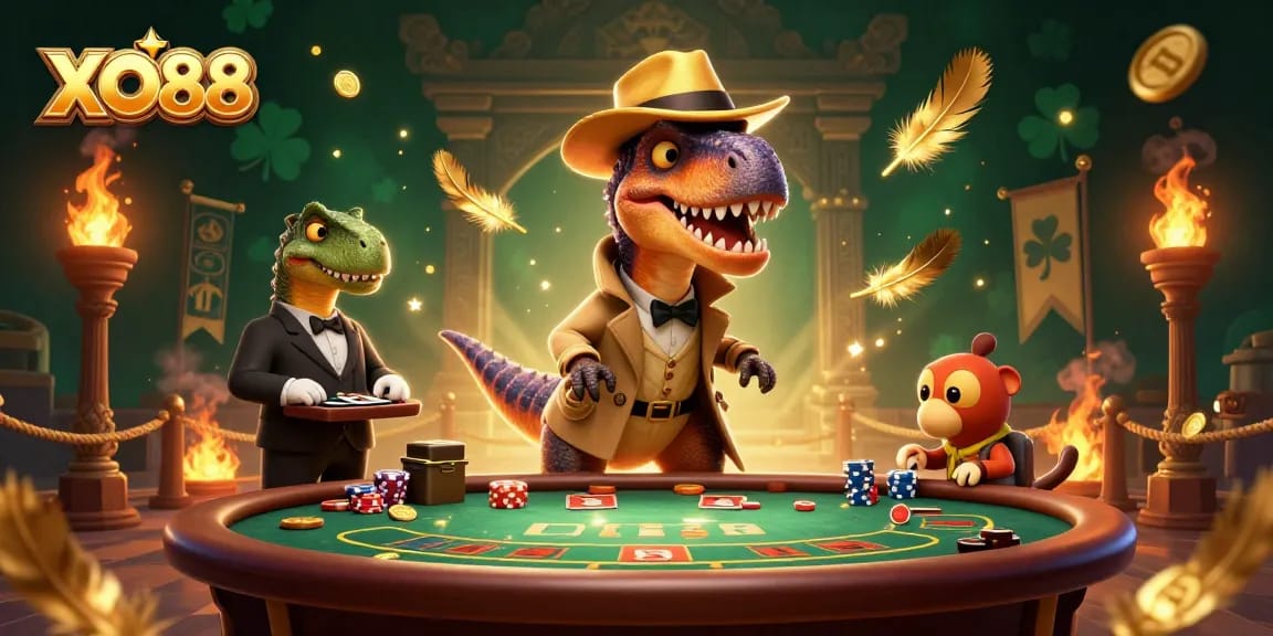 Blockade at a blackjack table featuring XO88's cartoon velociraptor card counter, evoking thrilling gaming action.