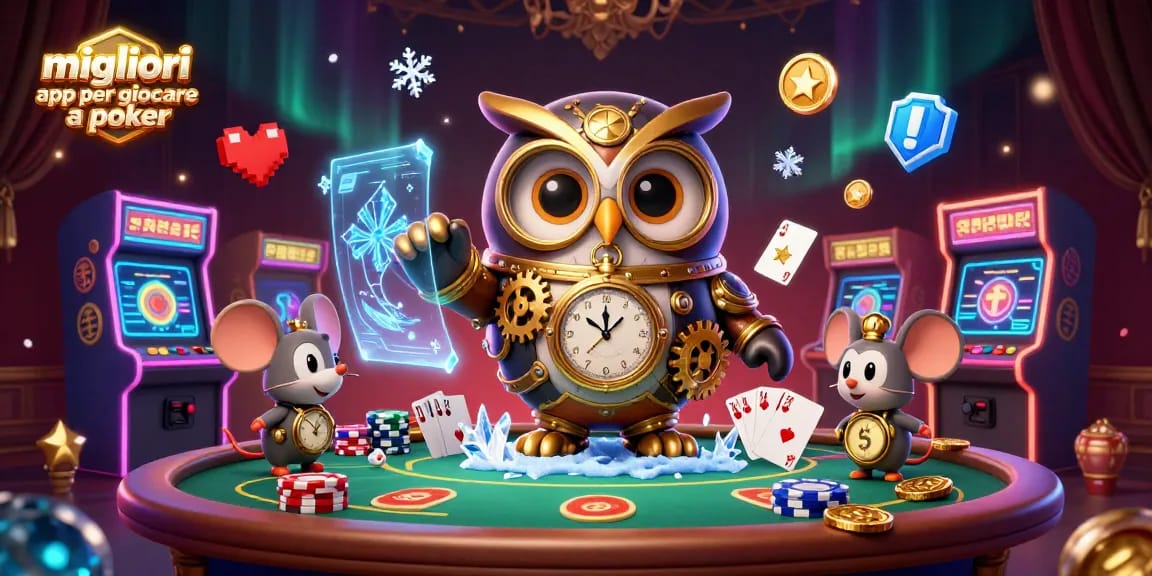 Migliori app per giocare a poker rappresentate in un'illustrazione 3D dettagliata con elementi di casinò.