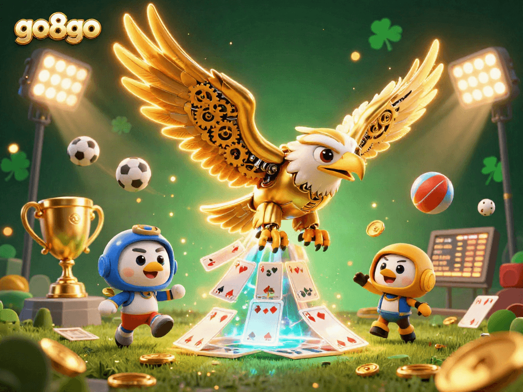 Engage with go8go's thrilling casino experience featuring a 3D golden eagle in an energetic betting scene.