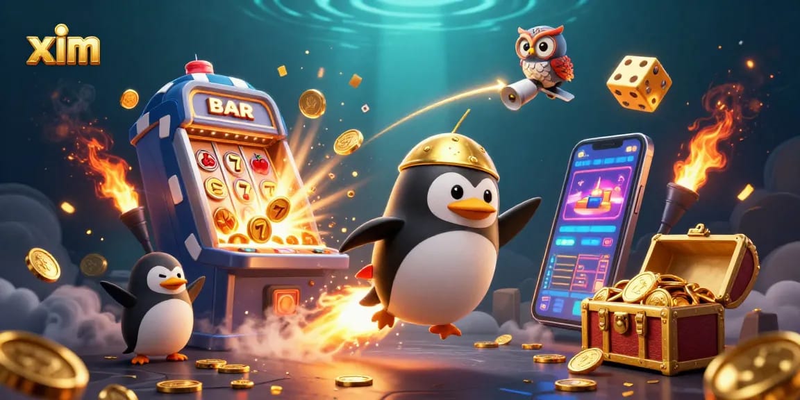 Engage with xim in this vibrant illustration of a golden penguin journeying through a dynamic casino universe.