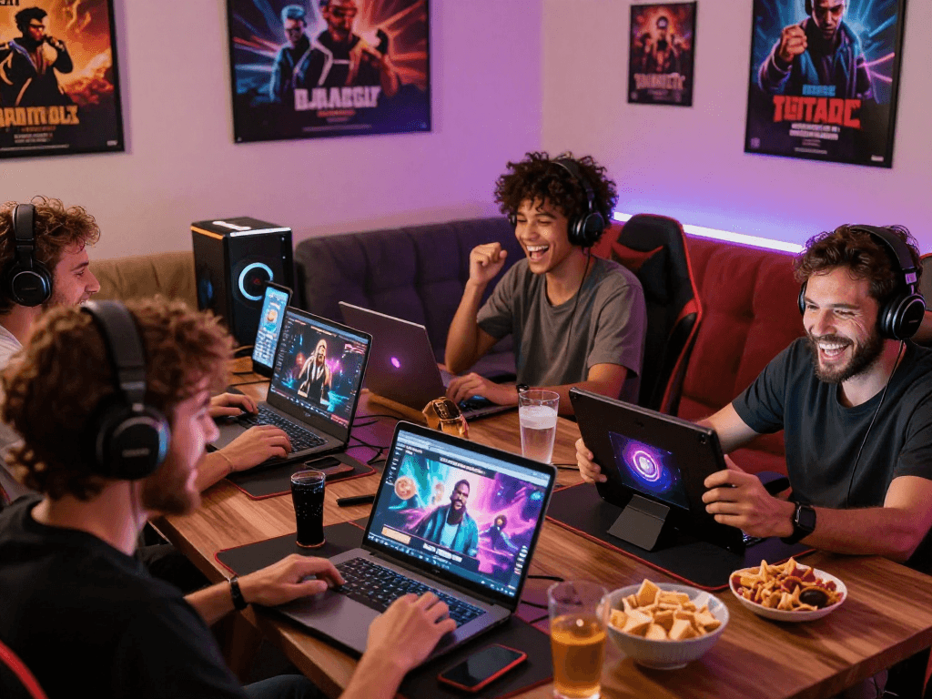 Engaged players enjoying diverse porn games on laptops and mobile devices.