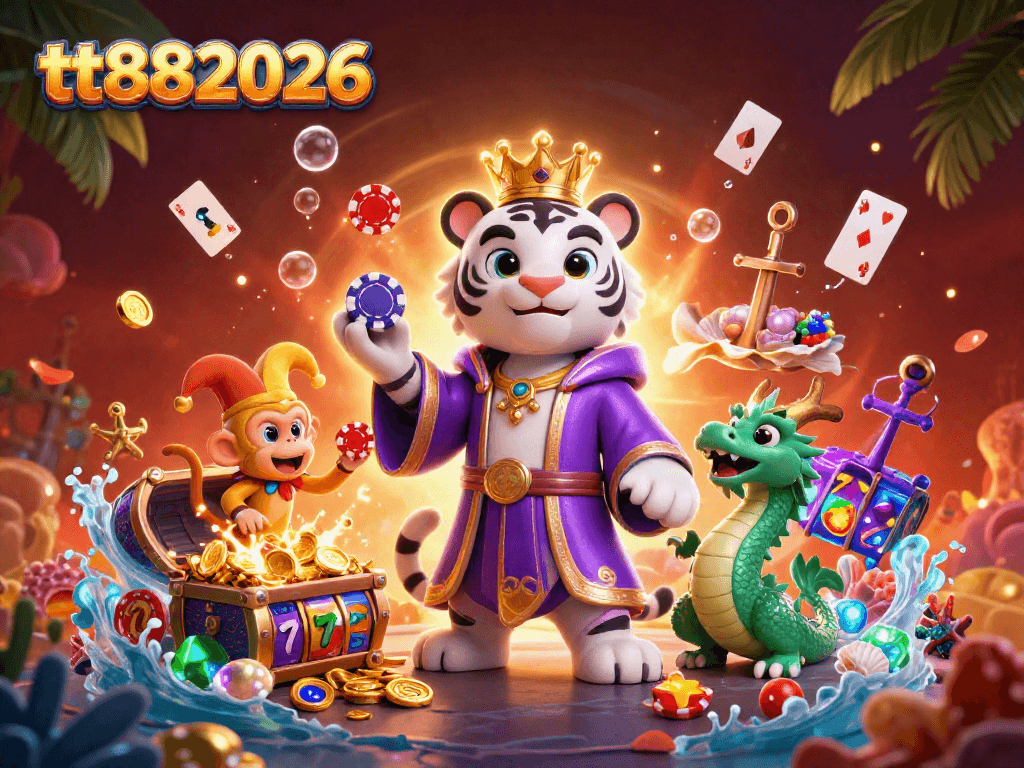 Engage with tt882026 in a vibrant casino scene featuring colorful slot elements and animated characters.