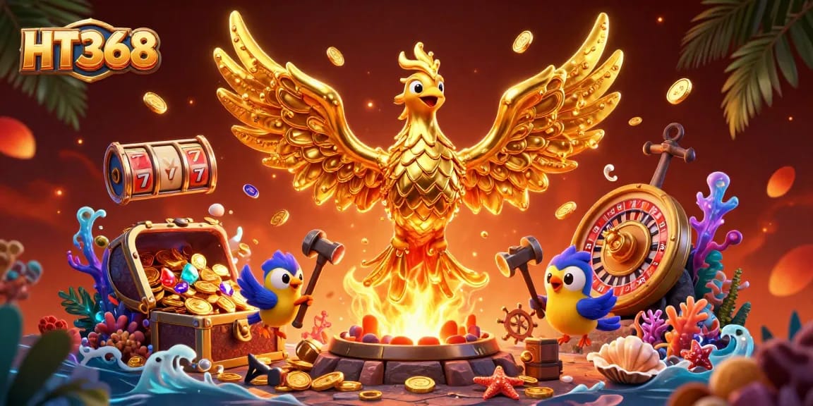 Engage with HT368's stunning images of a cartoon phoenix surrounded by gold coins and vibrant casino elements.