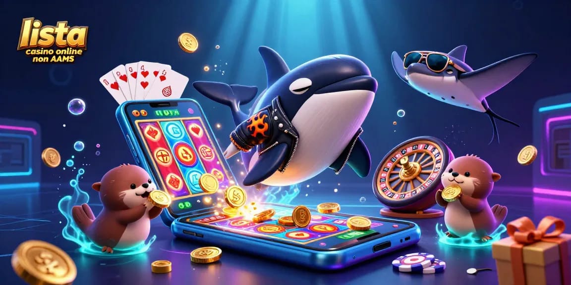 Lista casino online non AAMS: orca con giacca di pelle salta mentre una famiglia di lontra osserva.