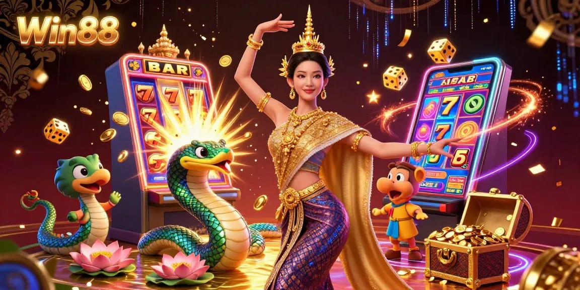 Win88 showcases vibrant slots excitement with a jackpot explosion and dynamic casino elements.