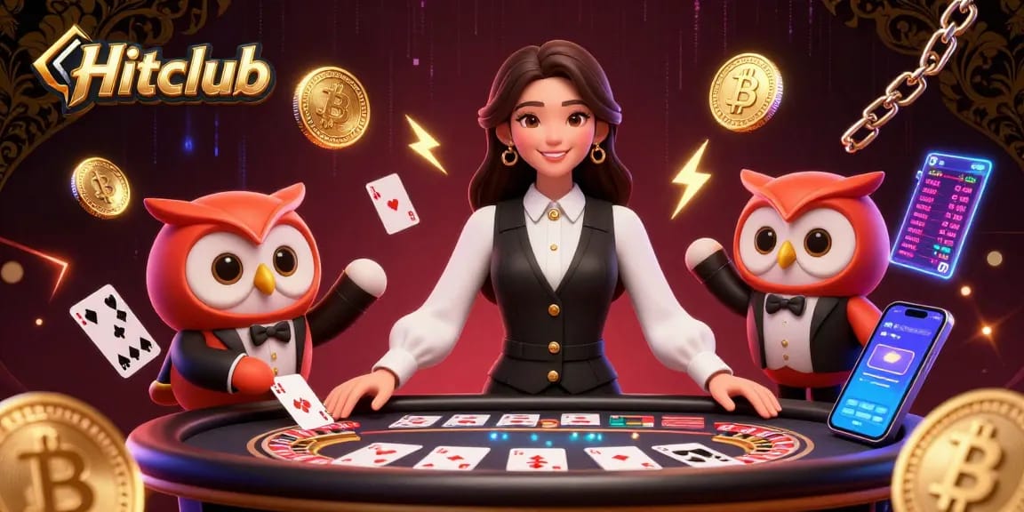 Experience thrilling gaming action at Hitclub with elegant dealers and crypto elements in a captivating casino scene.