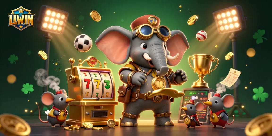 LLWIN steampunk elephant operates a golden slot machine amid a dynamic casino scene.