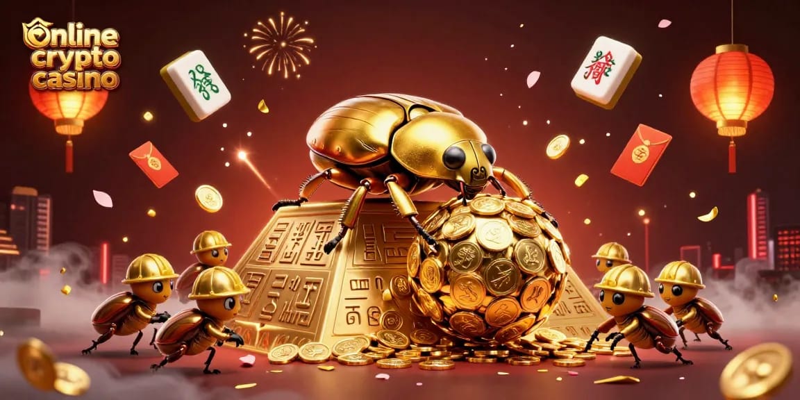 Scopri come funziona il casino crypto online in un'illustrazione vibrante e dettagliata, con simboli fortunati in un ambiente animato.