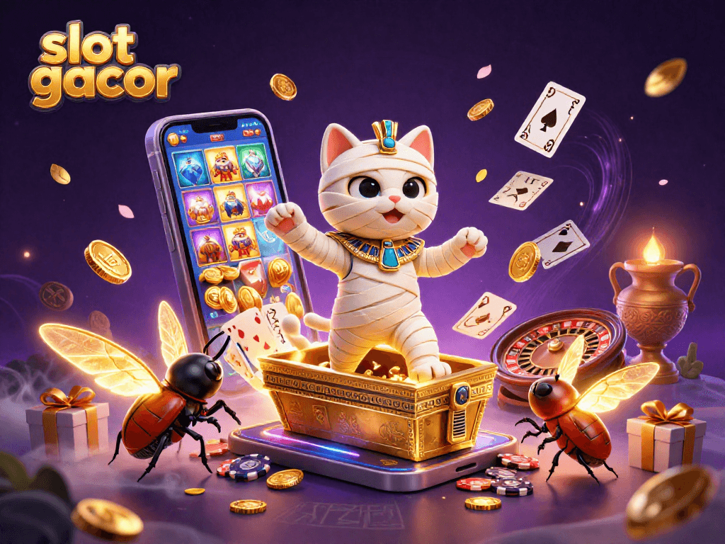 Experience slot gacor excitement with a vibrant scene featuring a mummy cat and glowing scarab in action.