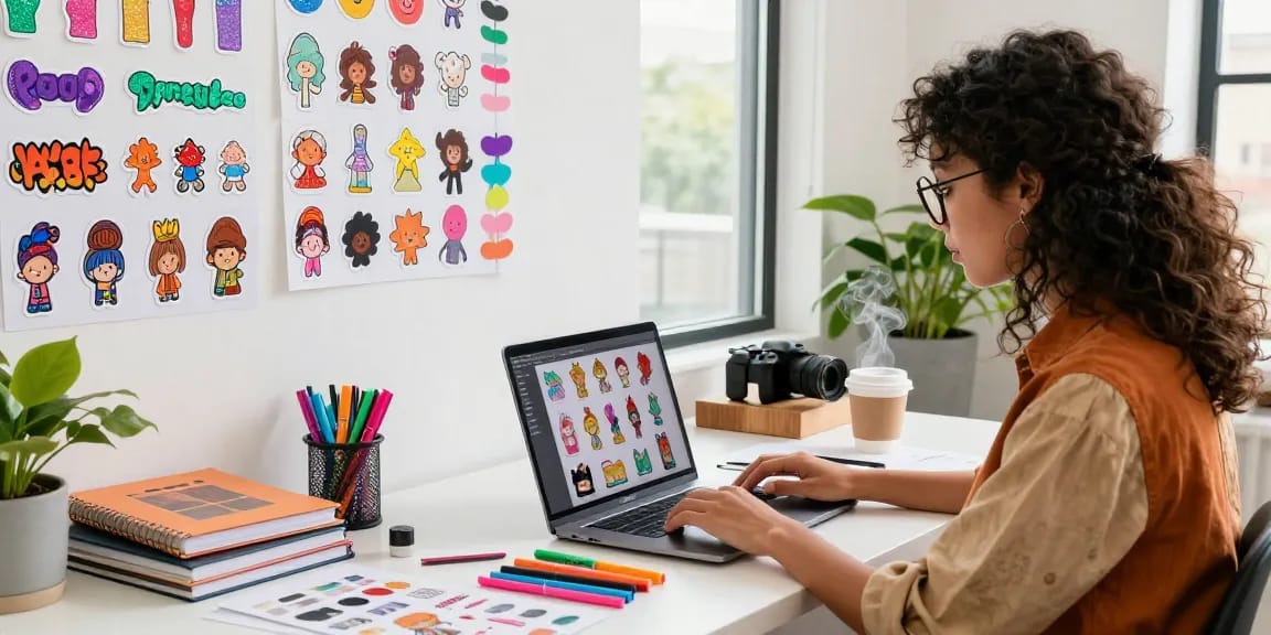 Custom stickers displayed in a vibrant workspace with a designer working creatively on sticker designs.