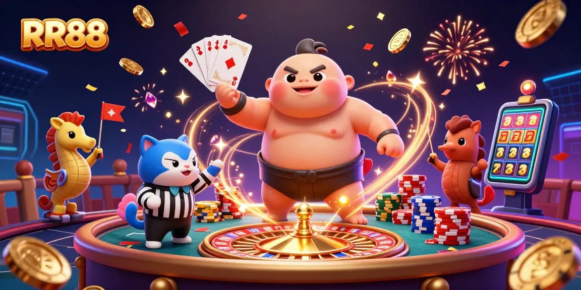 RR88 players engaging in a vibrant underwater casino scene filled with festive elements and golden rewards.