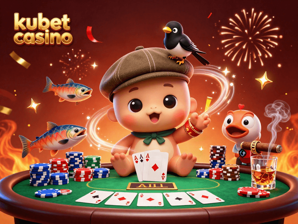 Experience the excitement of kubet casino with a vibrant 3D illustration of Nessie and friends playing poker.