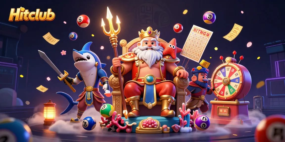 Win big at Hitclub with vibrant gaming scenes featuring Neptune, samurai, and lottery elements.