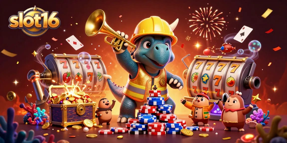 Experience excitement with slot16, where a triceratops builds a poker chip pyramid amidst colorful casino elements.