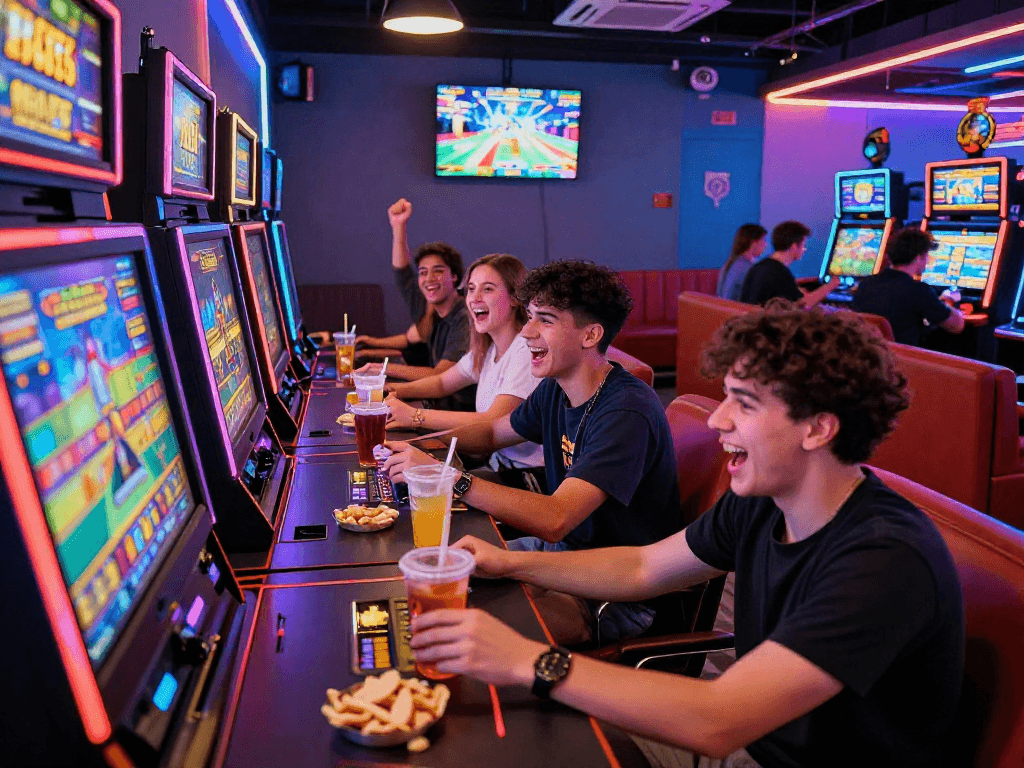 Group enjoying a lively slot88 gaming session in a neon-lit lounge.