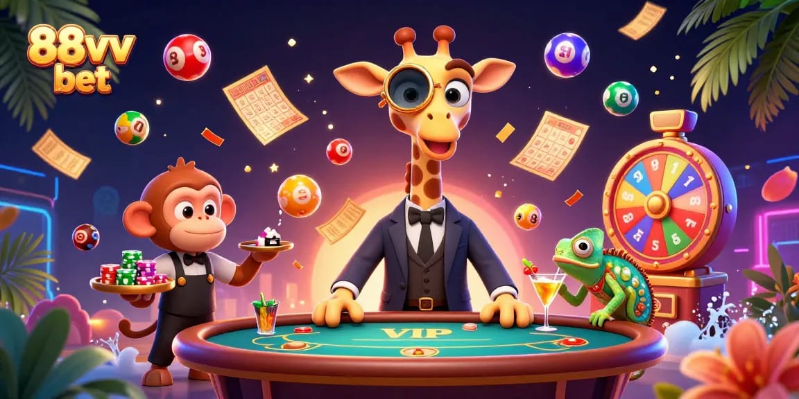 Experience the excitement of 88vv bet with our vibrant casino scene in 3D illustration.