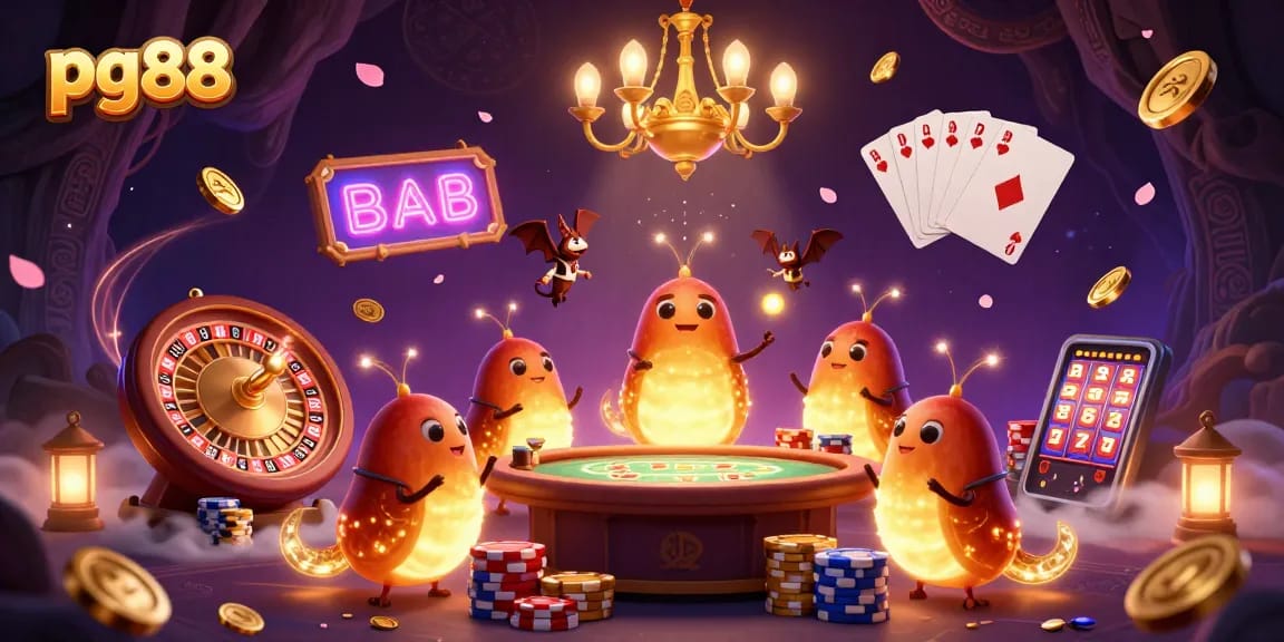 Experience thrilling gameplay at pg88 with a lively casino scene illuminated by glowing glowworms and exciting gaming elements.