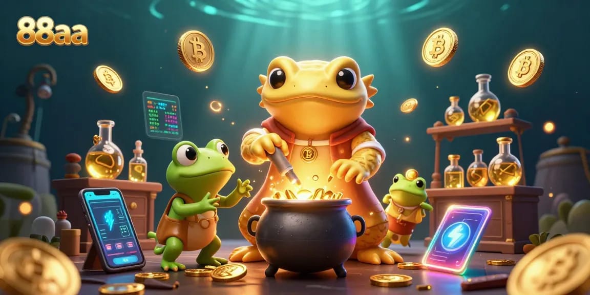 Engage in thrilling adventures with 88aa's vibrant 3D casino fantasy scene showcasing alchemical transformations and cryptocurrency.