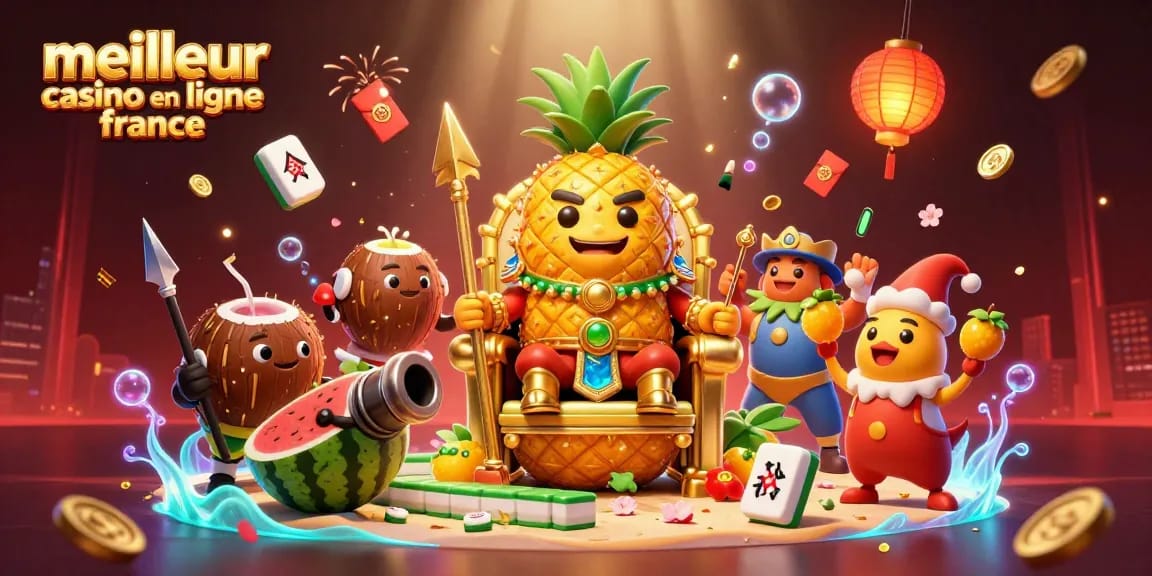 Vivez l'expérience du meilleur casino en ligne France avec le roi ananas et ses gardes à la plage.