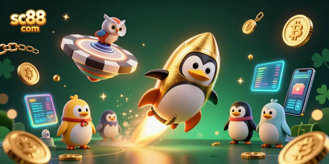 Experience the excitement at sc88 com with our vibrant 3D casino illustration, showcasing a cosmic penguin and golden coins.
