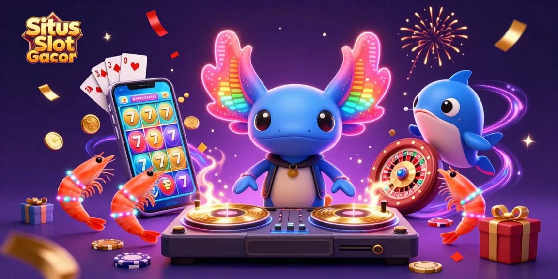 Spin vibrant slot games at Situs Slot Gacor with a lively axolotl DJ and animated sea life.