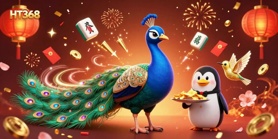 HT368 features a vibrant casino scene with a 3D peacock, penguin, and hummingbird among festive decorations.
