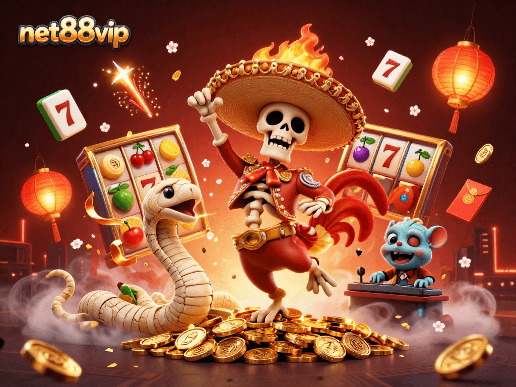 Engage with net88vip's vibrant slot reels scene featuring dynamic characters and casino elements.