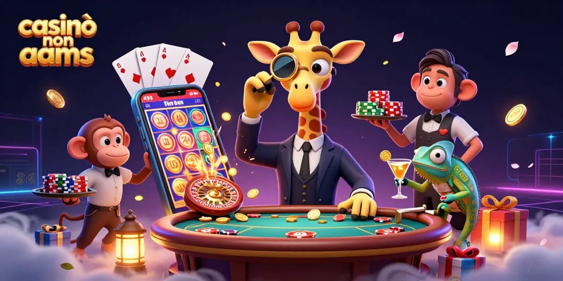 Casinò non AAMS, giraffa elegante gioca a poker mentre un camaleonte prepara cocktail e una scimmia serve fiches