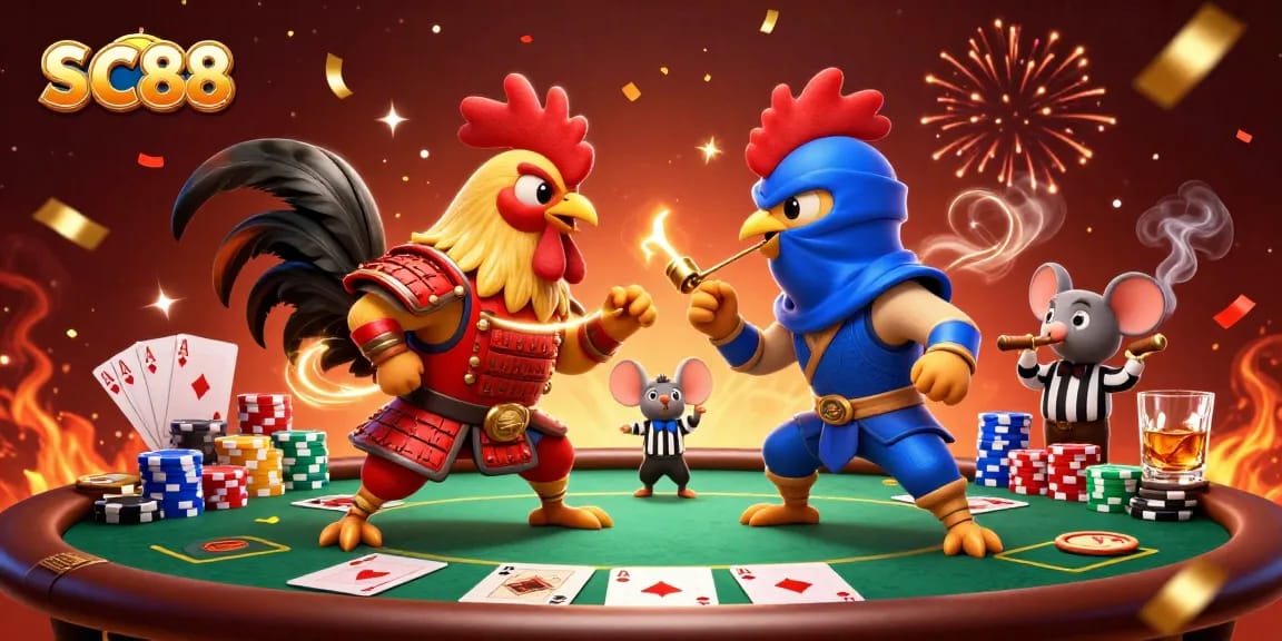 Experience excitement at SC88 with roosters battling on a rich poker table.