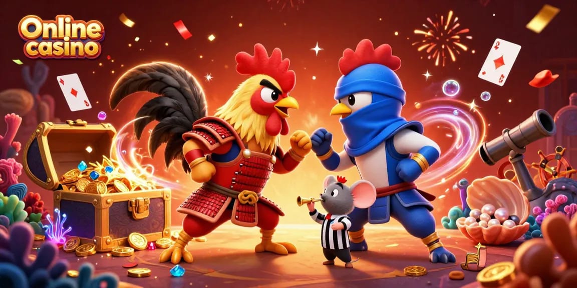 Experience the thrill of the Online casino with dynamic roosters in battle, gold coins, and festive elements.