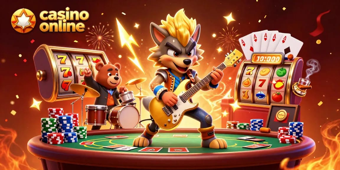 Acțiune captivantă la casino online, cu un lup rockstar și un urs toboșar, înconjurați de jocuri atrăgătoare.